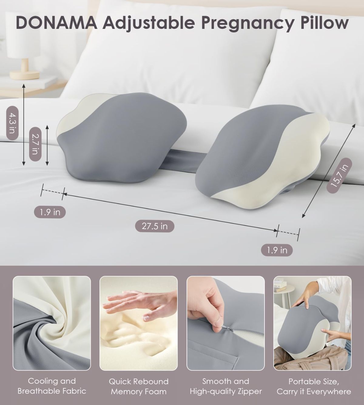 Pregnancy Pillows for Sleeping, Memory Foam Maternity Pillow Support for Back Belly HIPS, Adjustable Travel Wedge Pillow for Pregnant Women, Side Sleeping Pregnant Pillows with Cooling Pillowcase - Pink - Size 27.5in