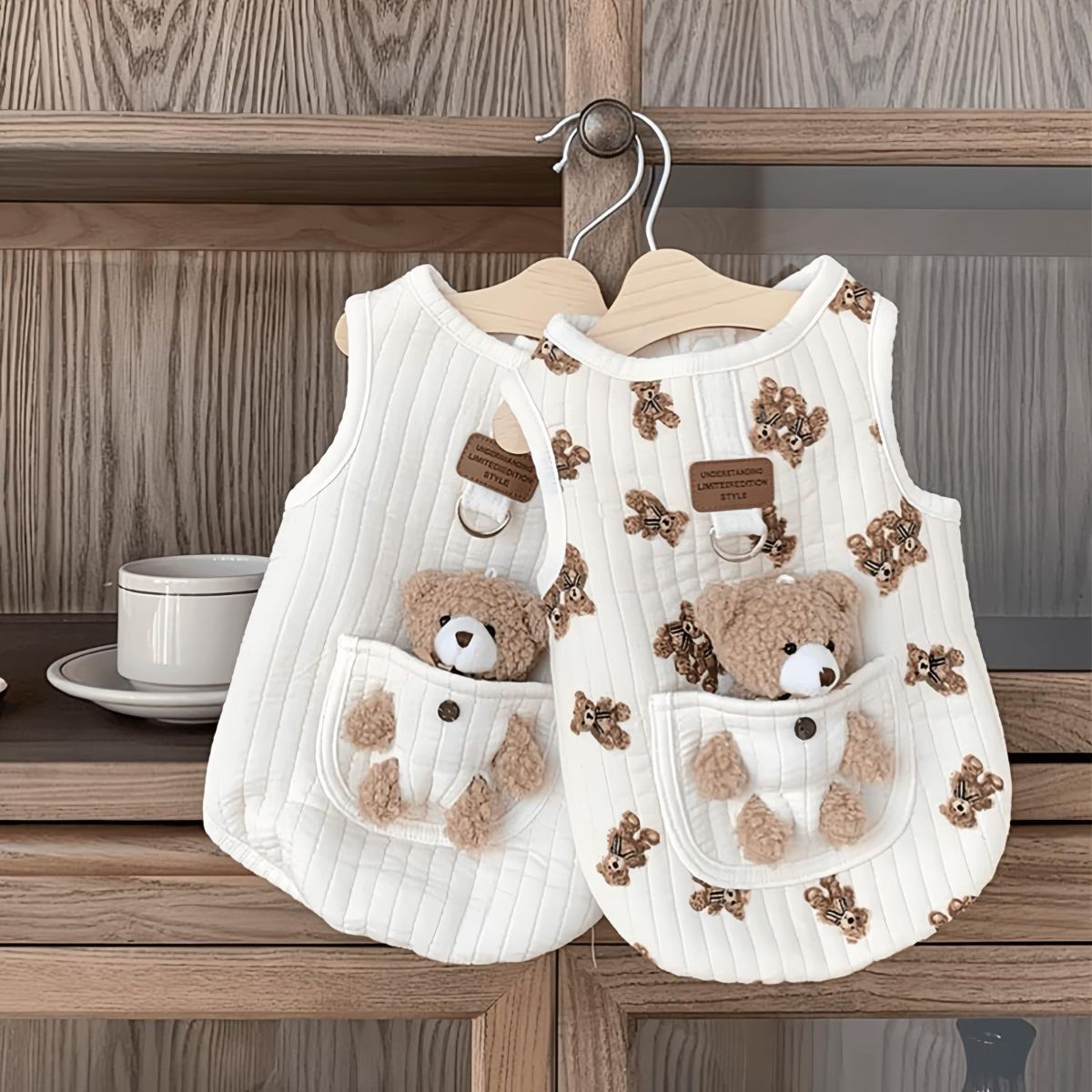Pet Sweater Plush Bear Pattern Sleeveless Pet Clothing Puppy Outfit Kitten - Ivory - Size L