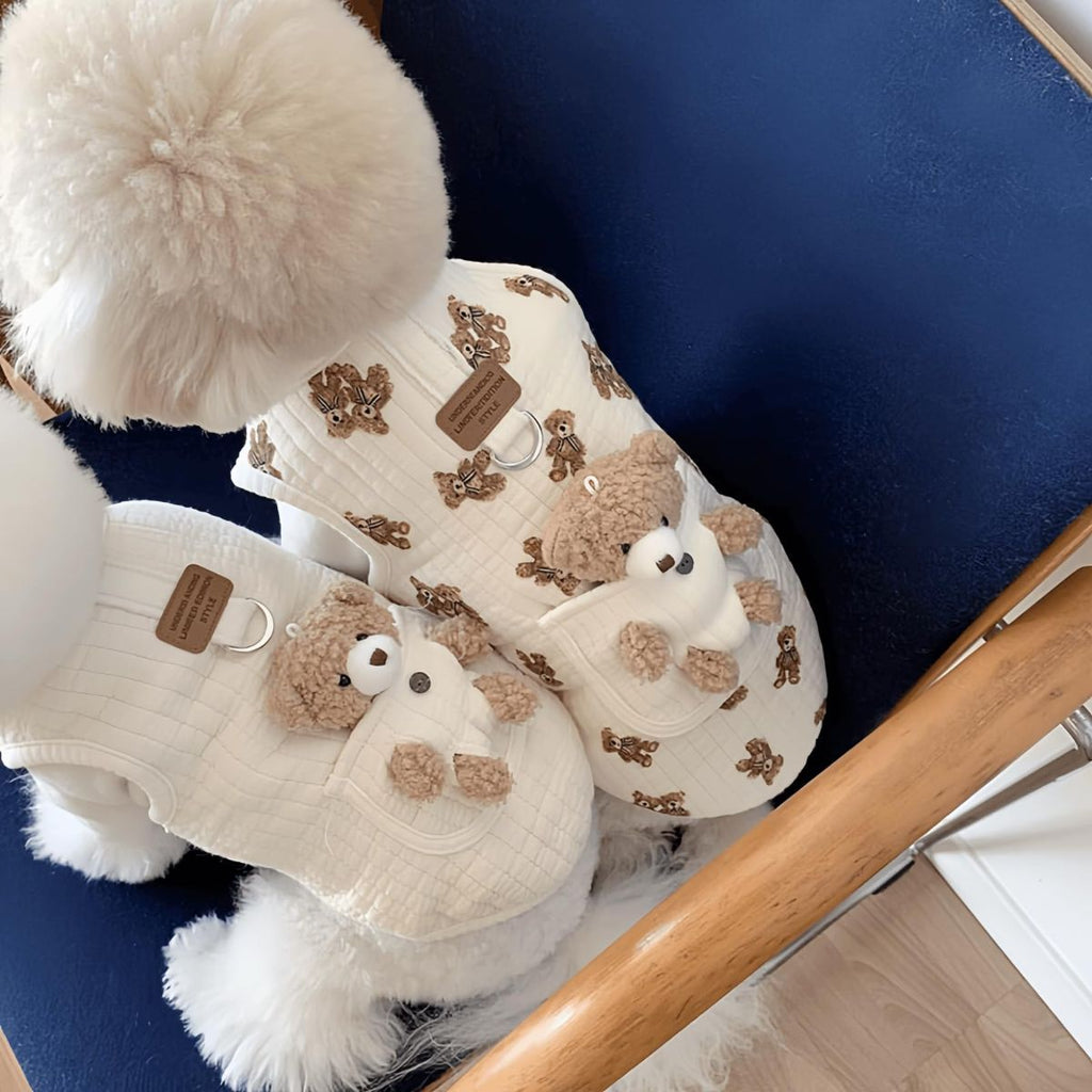 Pet Sweater Plush Bear Pattern Sleeveless Pet Clothing Puppy Outfit Kitten - Ivory - Size S