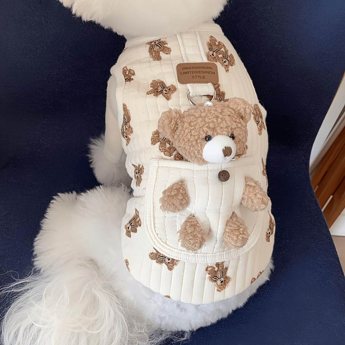 Pet Sweater Plush Bear Pattern Sleeveless Pet Clothing Puppy Outfit Kitten - White - Size M