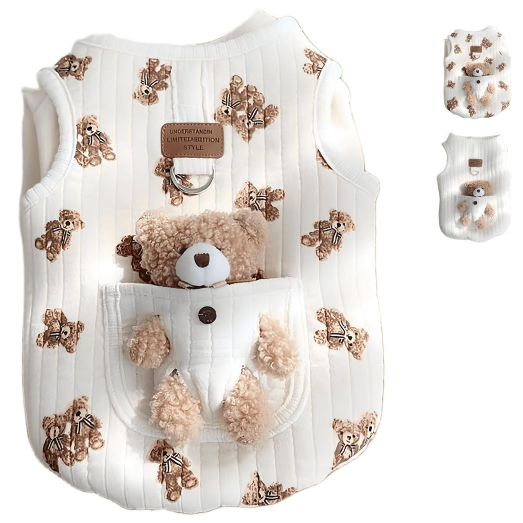Pet Sweater Plush Bear Pattern Sleeveless Pet Clothing Puppy Outfit Kitten - White - Size S