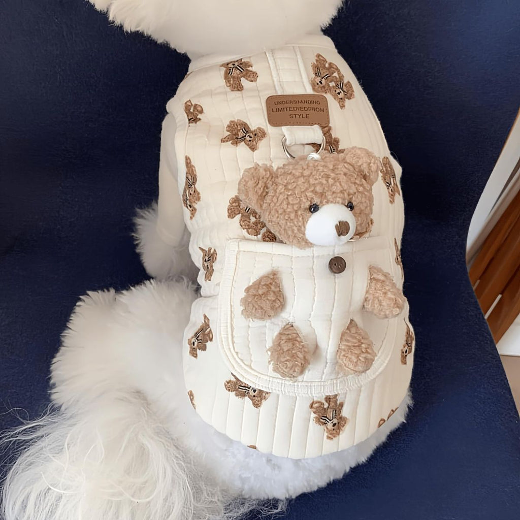 Pet Sweater Plush Bear Pattern Sleeveless Pet Clothing Puppy Outfit Kitten - White - Size S