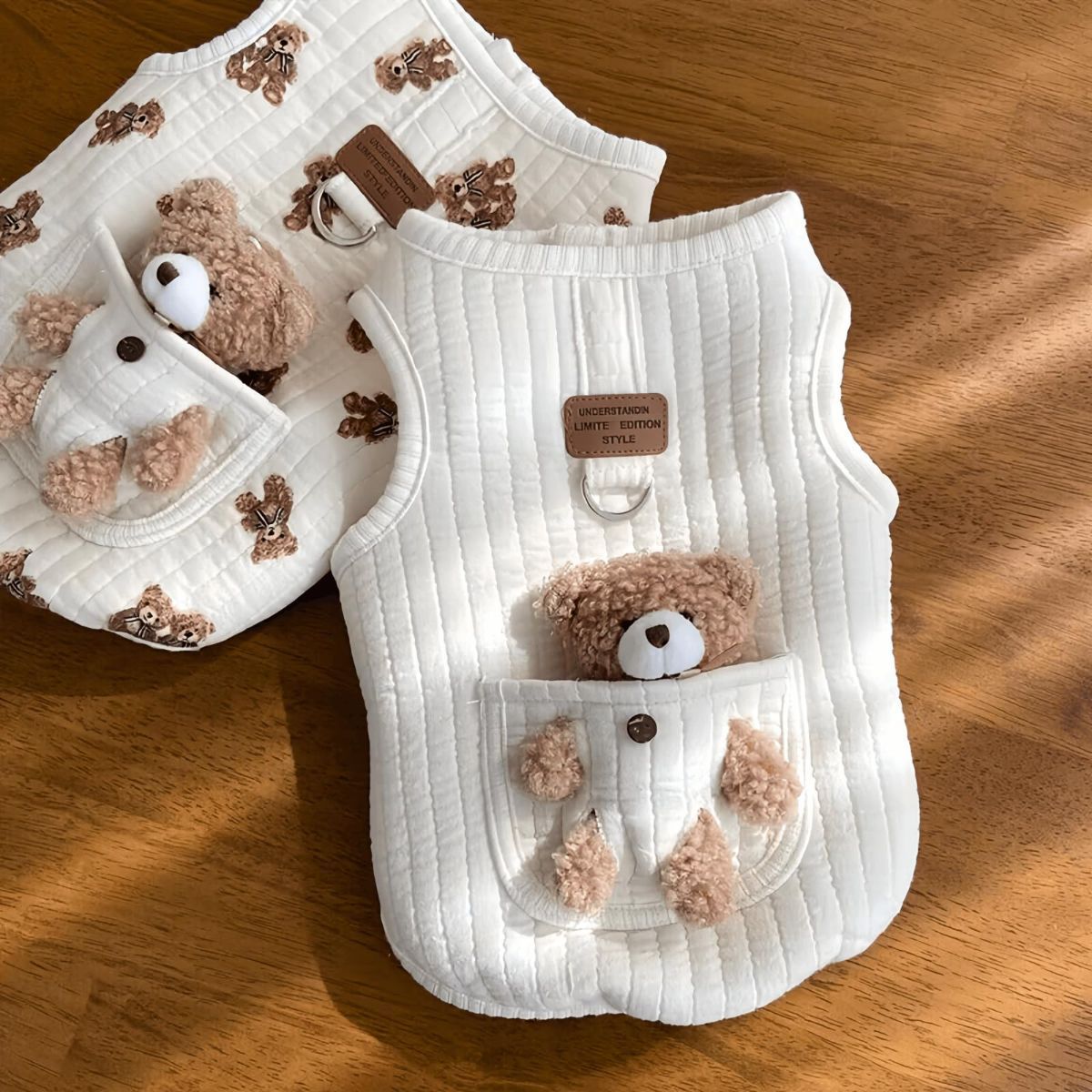 Pet Sweater Plush Bear Pattern Sleeveless Pet Clothing Puppy Outfit Kitten - White - Size S