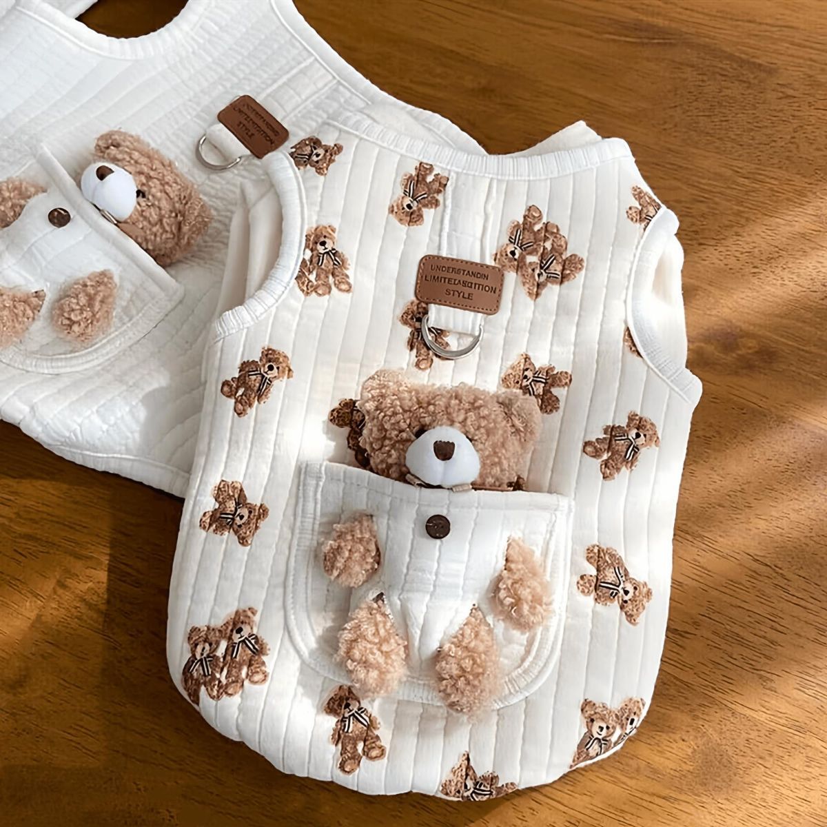 Pet Sweater Plush Bear Pattern Sleeveless Pet Clothing Puppy Outfit Kitten - White - Size XL