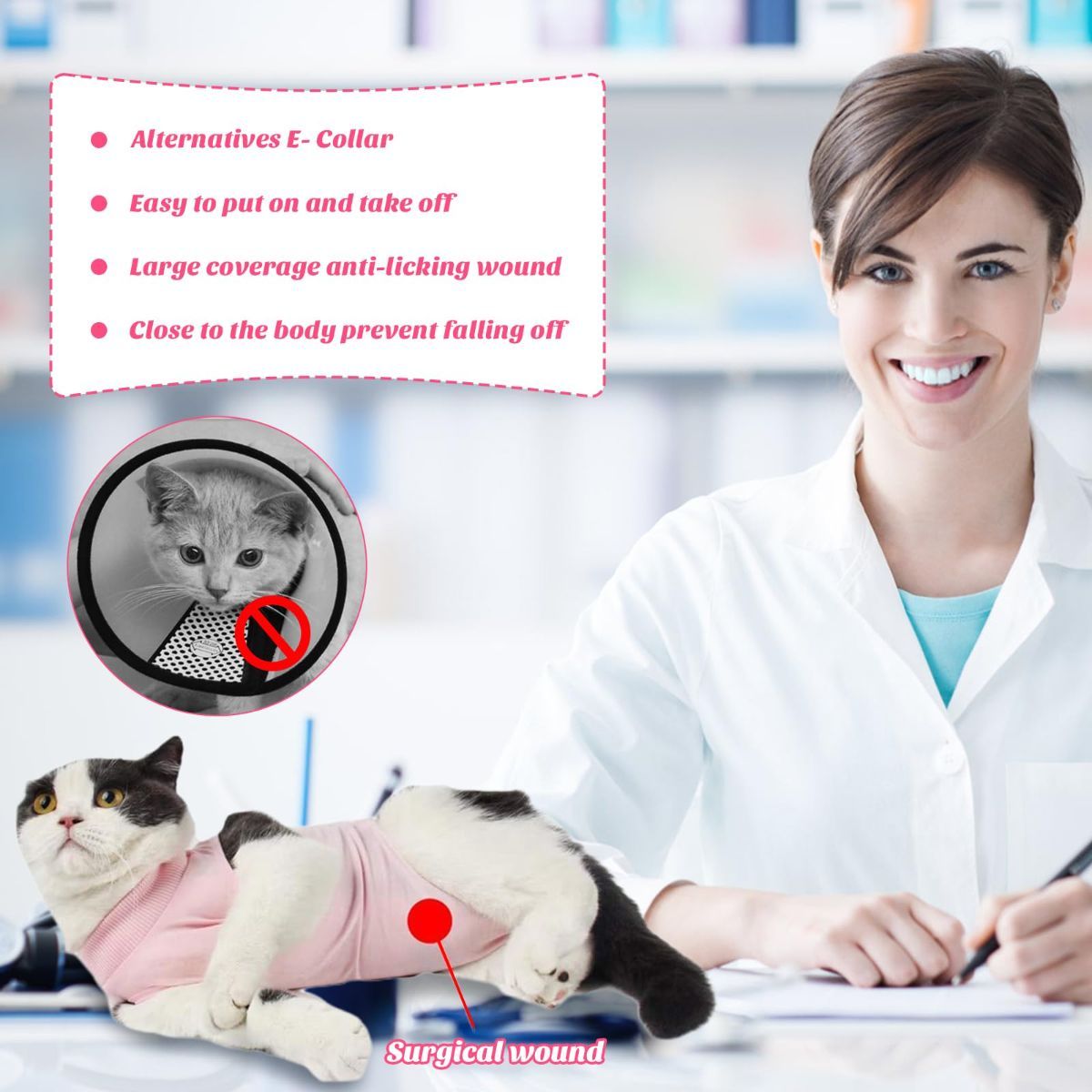 Cat Recovery Jumpsuit Abdominal Wound Protection Post-Surgery Cat Clothing - Pink - Size L(Above 7 lbs)