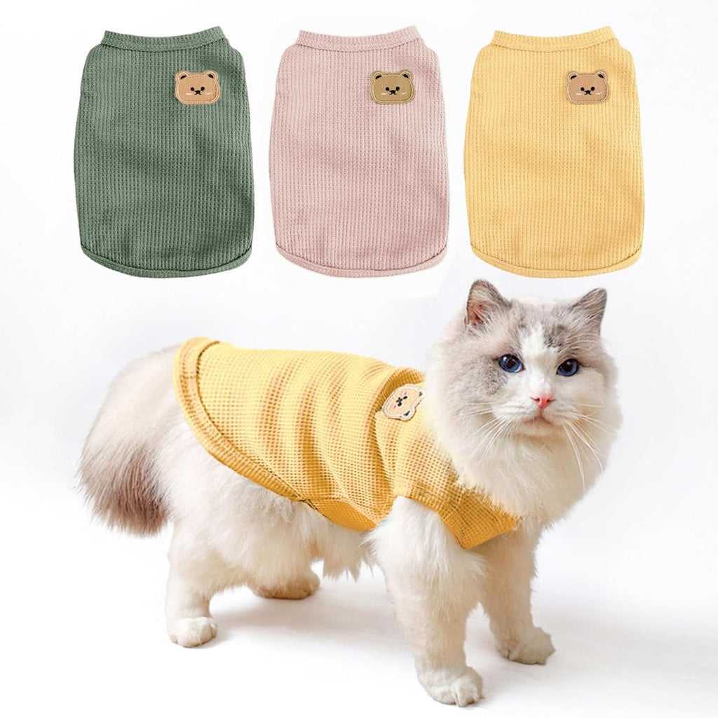 3PCS Waffle Knit Pet Shirt Sphynx Cat Clothing Small Dog T-Shirt Pet Fashion - Green&Pink&Yellow / S(2-4lb)