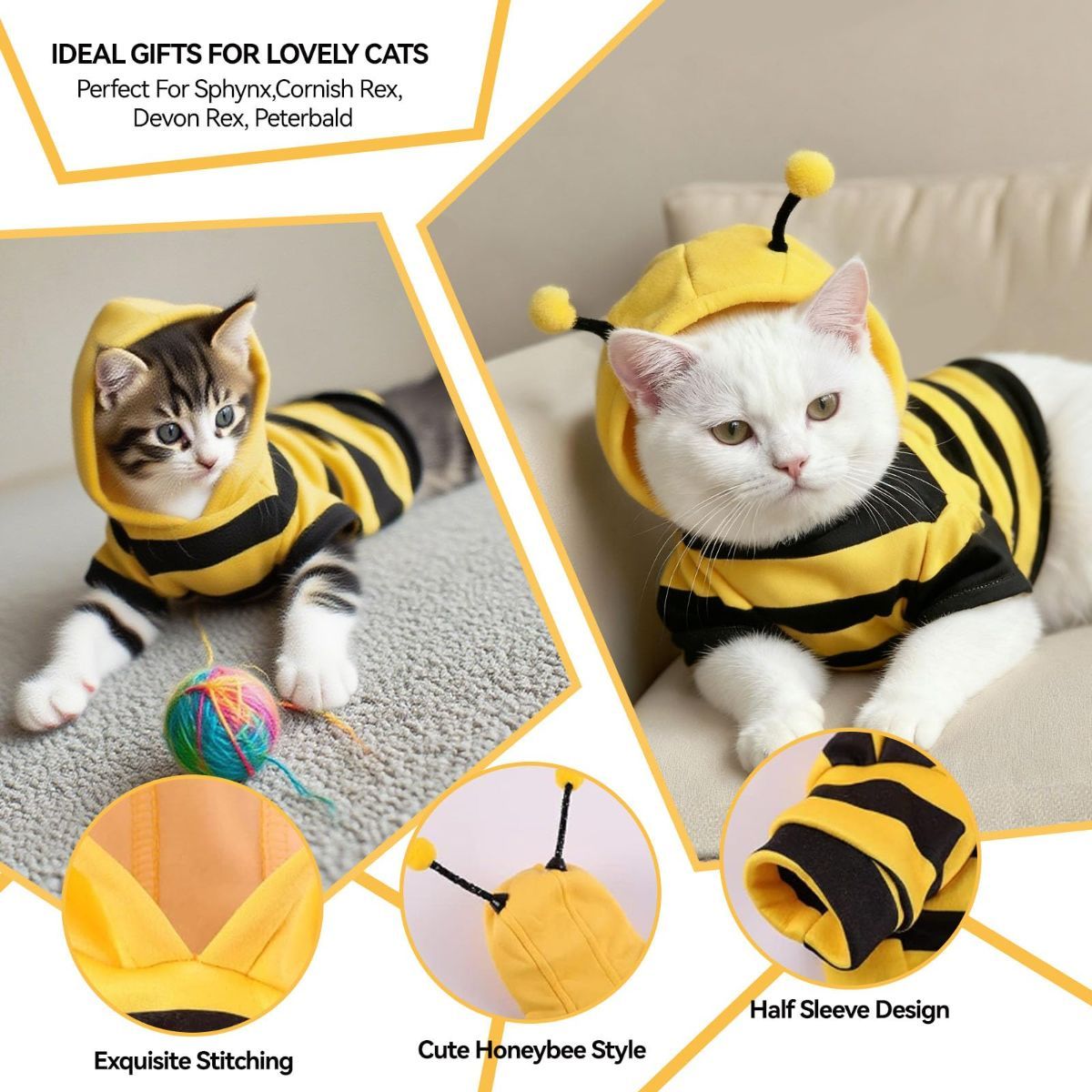 Bumblebee Cat Costume for Sphynx & Small Dogs, Fit Halloween, Yellow, Cute Bee Stripes Hoodie, Soft Warm Fleece, Holiday Cosplay Outfit, Daily Leisure Wear, Easy to Put, Safe for Leash Walking - Yellow / S