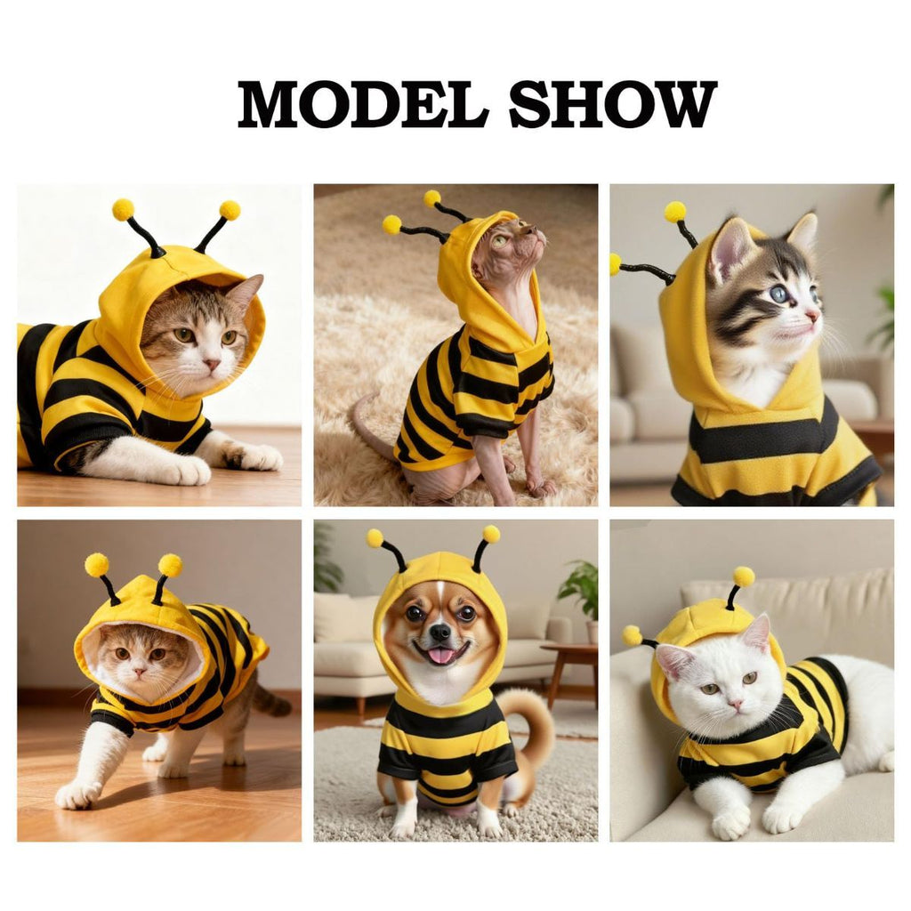 Bumblebee Cat Costume for Sphynx & Small Dogs, Fit Halloween, Yellow, Cute Bee Stripes Hoodie, Soft Warm Fleece, Holiday Cosplay Outfit, Daily Leisure Wear, Easy to Put, Safe for Leash Walking - Yellow / XS