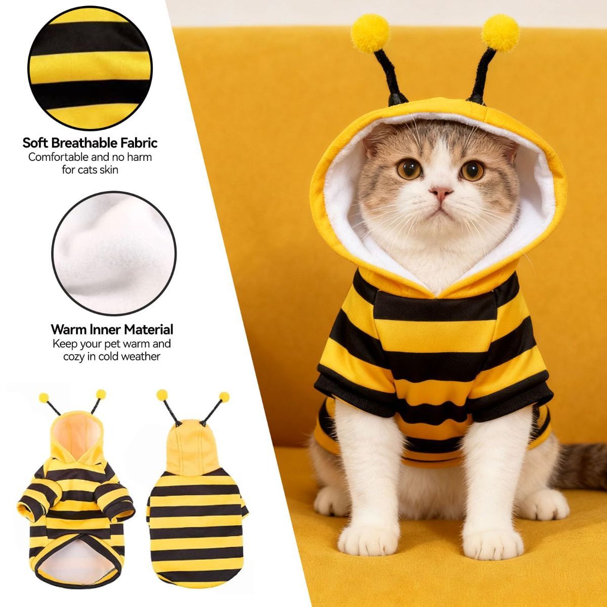 Bumblebee Cat Costume for Sphynx & Small Dogs, Fit Halloween, Yellow, Cute Bee Stripes Hoodie, Soft Warm Fleece, Holiday Cosplay Outfit, Daily Leisure Wear, Easy to Put, Safe for Leash Walking - Yellow / XXS