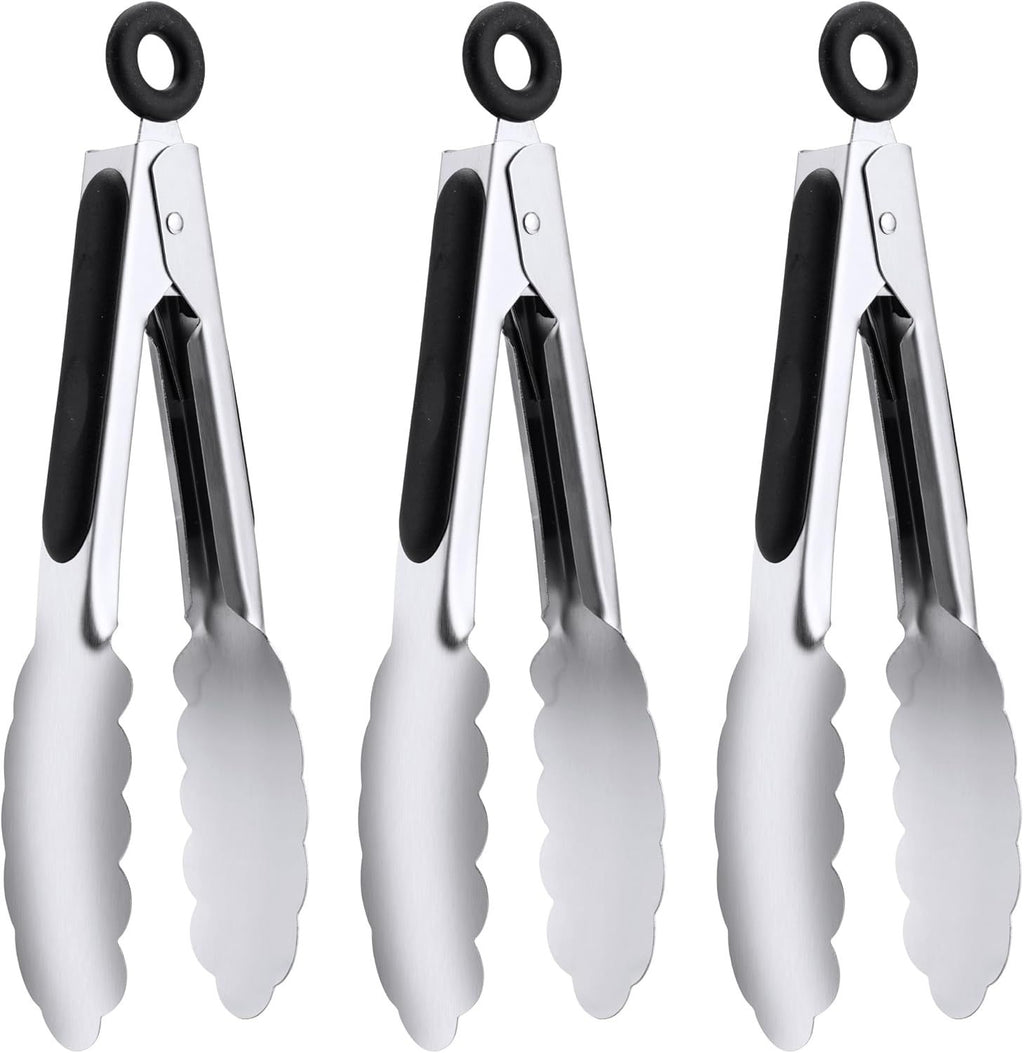3 Pack 7 Inch Stainless Steel Kitchen Tongs Set, Small Serving Tongs with Lock for Salad, Cooking & Buffet (Black)