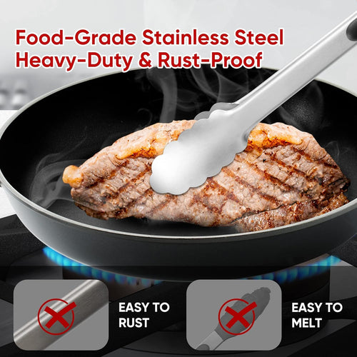 3 Pcs Stainless Steel Kitchen Tongs Set (7" 9" 12"), Heavy Duty Food Grade Cooking Tongs with Lock for Grilling & BBQ (Black)