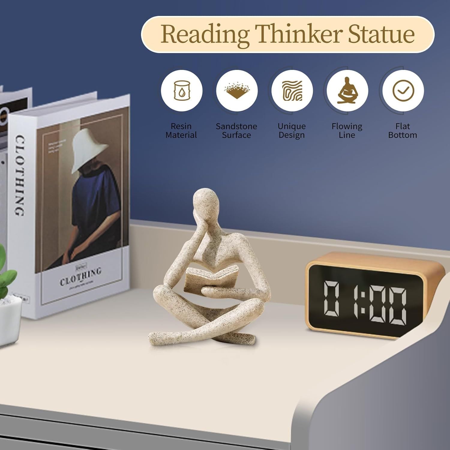 Abstract Reading Thinker Statue for Home Decor, Modern Resin Sculpture Figurine for Bookshelf, Desk & Living Room (White)