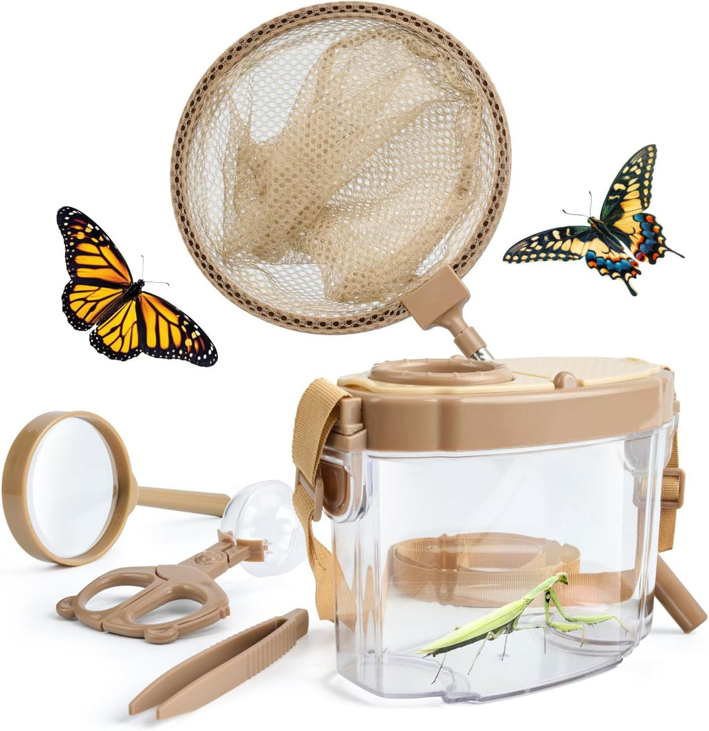 Kids Bug Catching Kit with Extendable Net, Magnifier & Observation Habitat – Outdoor Exploration Toy for Backyard & Camping (Brown)