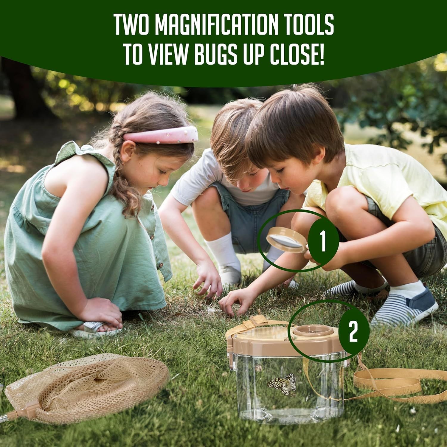 Kids Bug Catching Kit with Extendable Net, Magnifier & Observation Habitat – Outdoor Exploration Toy for Backyard & Camping (Brown)