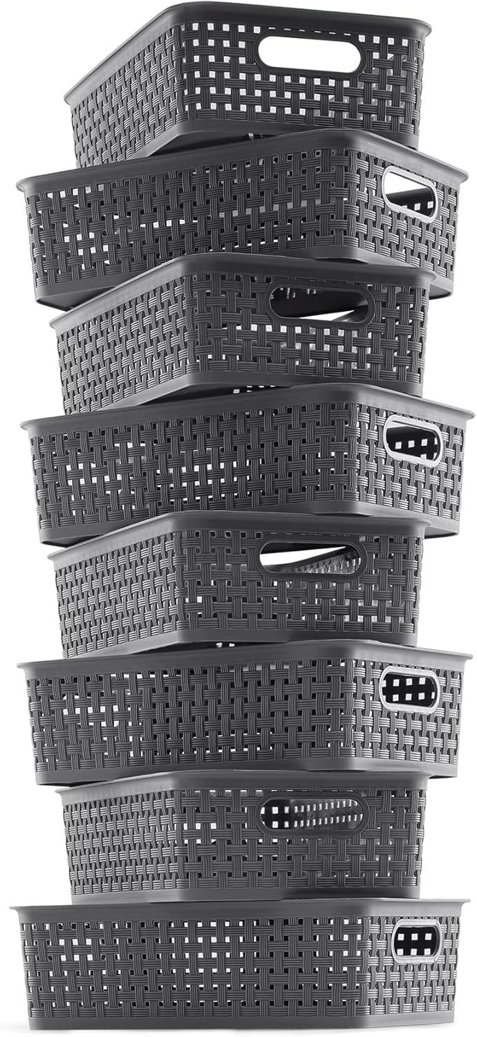 8-Pack Woven Plastic Storage Baskets for Bathroom Vanity, Kitchen Pantry & Office Desk Organization (Grey)
