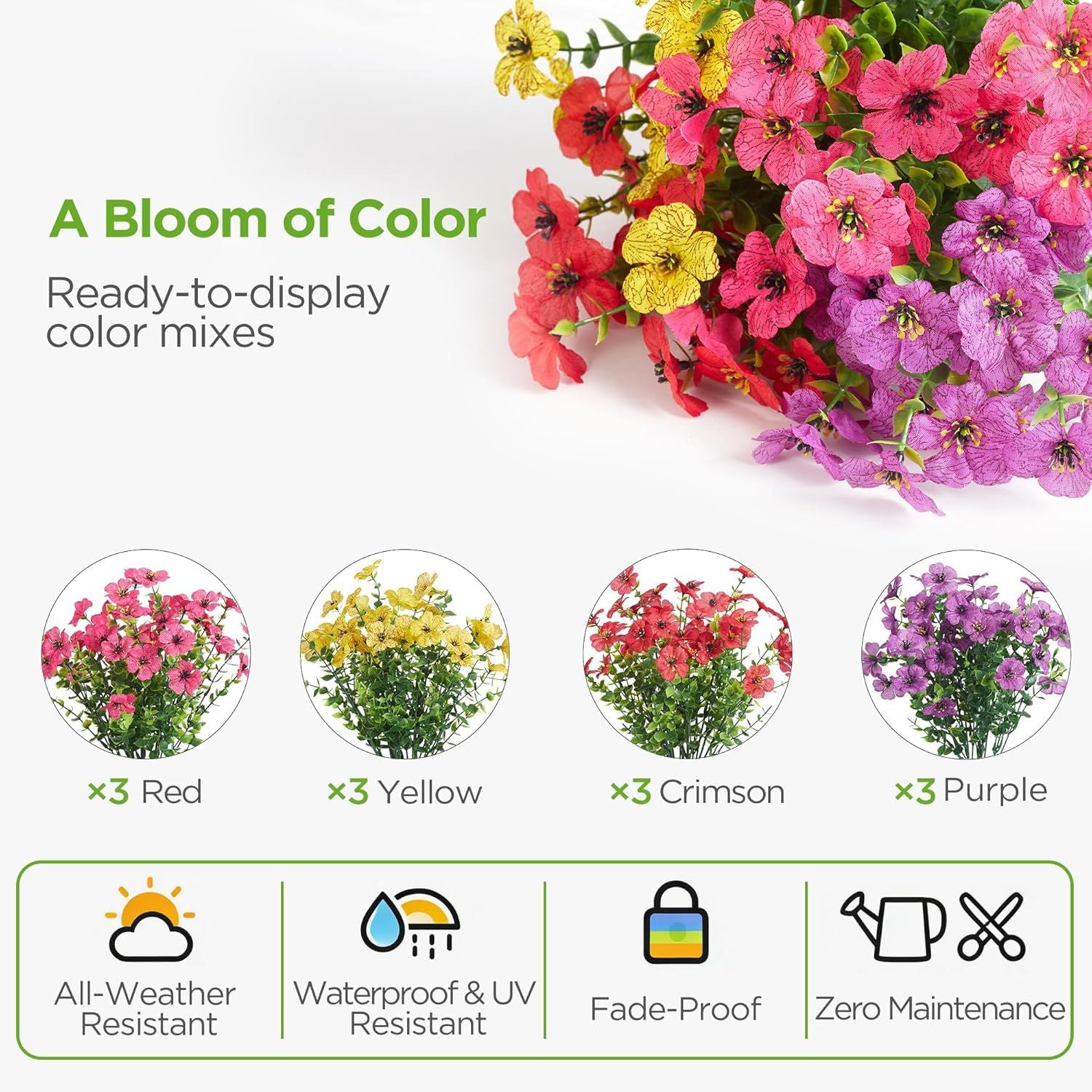 12 Bundles UV Resistant Artificial Violet Flowers with Eucalyptus Leaves for Outdoor Patio Garden & Indoor Home Decor (6 Colors)