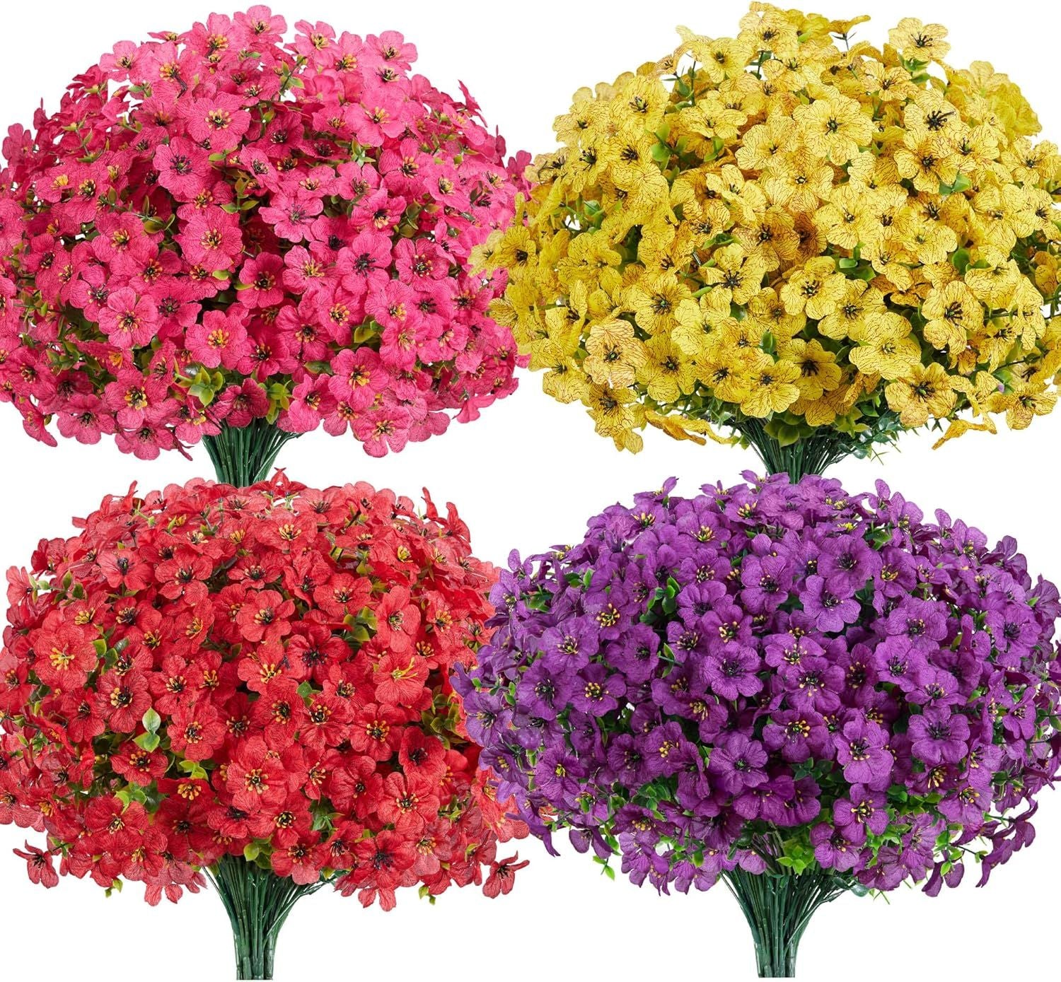 12 Bundles UV Resistant Artificial Violet Flowers with Eucalyptus Leaves for Outdoor Patio Garden & Indoor Home Decor (4 Colors)