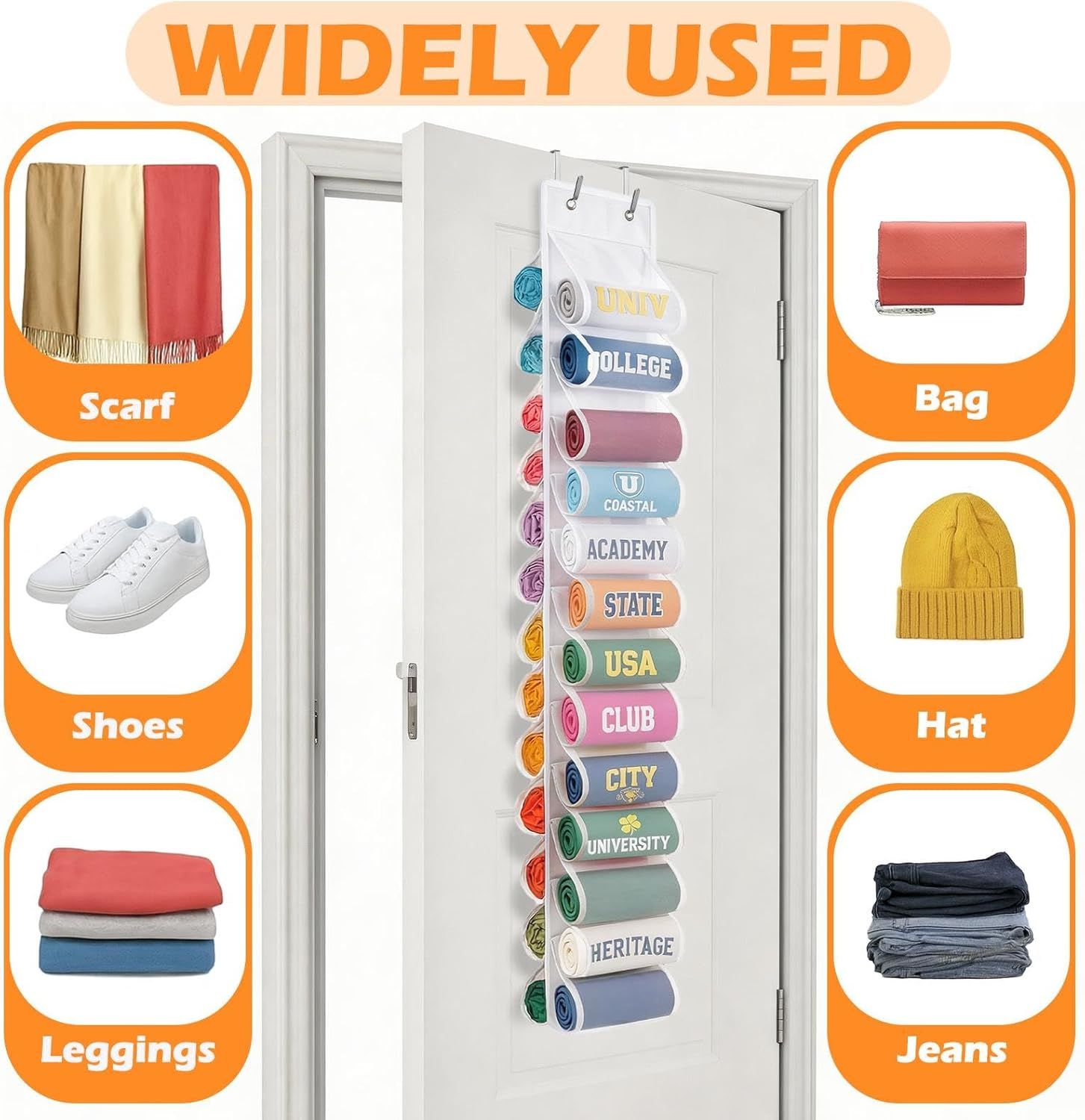 Double-Sided Over Door & Closet Organizer for Yoga Pants, Scarves & Accessories in Dorms and Bedrooms, 26-Pocket Vertical Storage Rack (White)