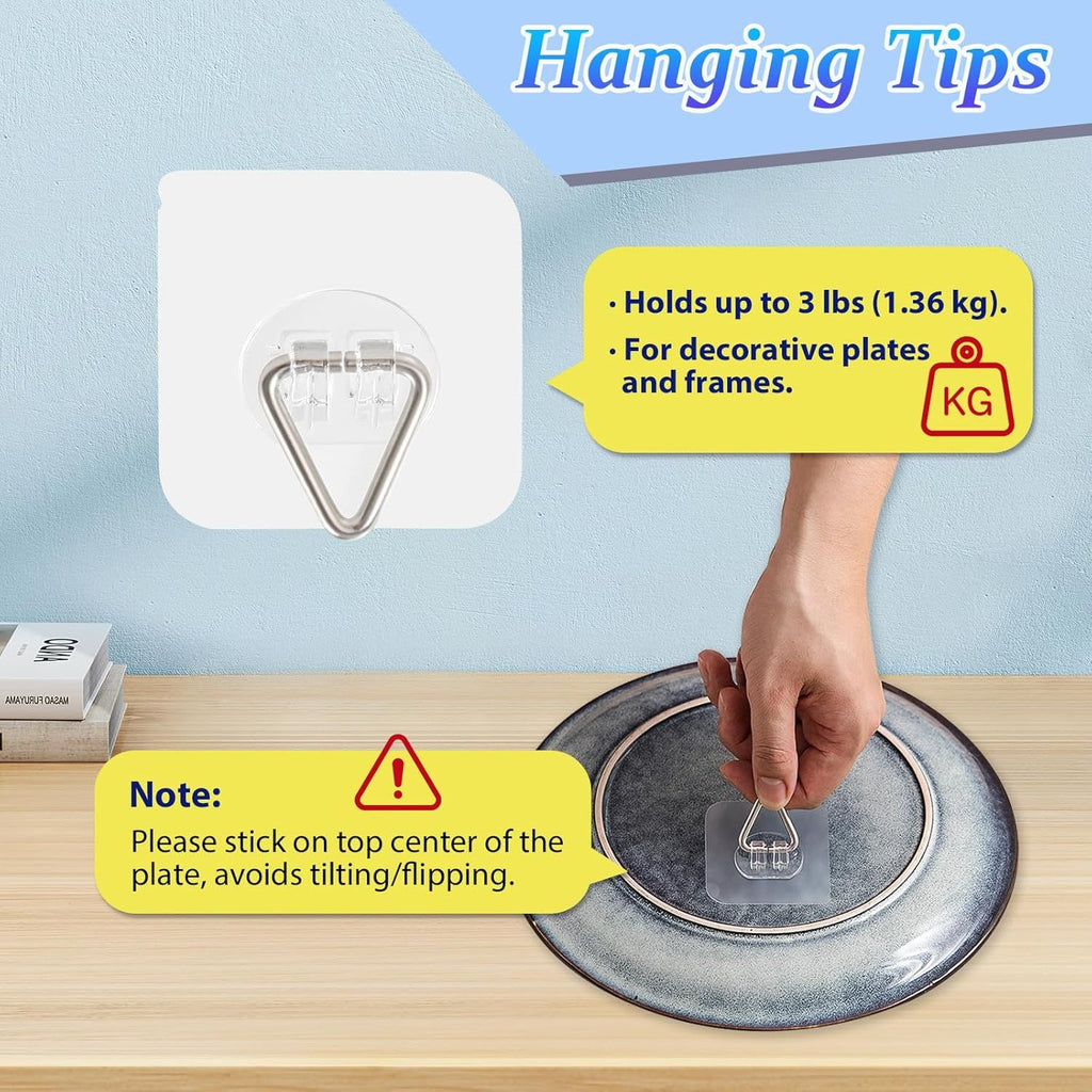 20-Pack Invisible Adhesive Plate Hangers for Wall Decor, Heavy Duty Triangle Hooks for Plates, Frames & Art (Transparent)