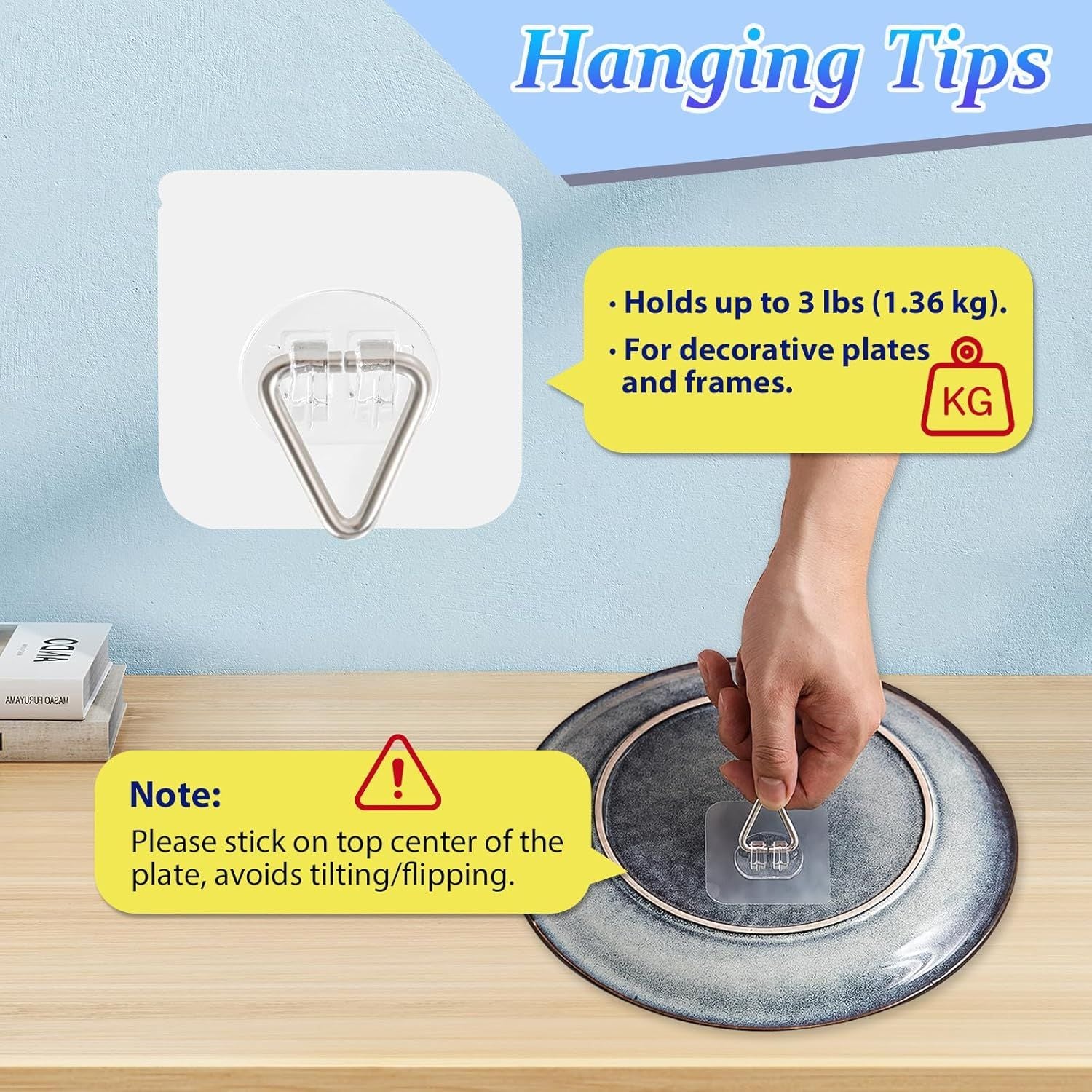 20-Pack Invisible Adhesive Plate Hangers for Wall Decor, Heavy Duty Triangle Hooks for Plates, Frames & Art (Transparent)