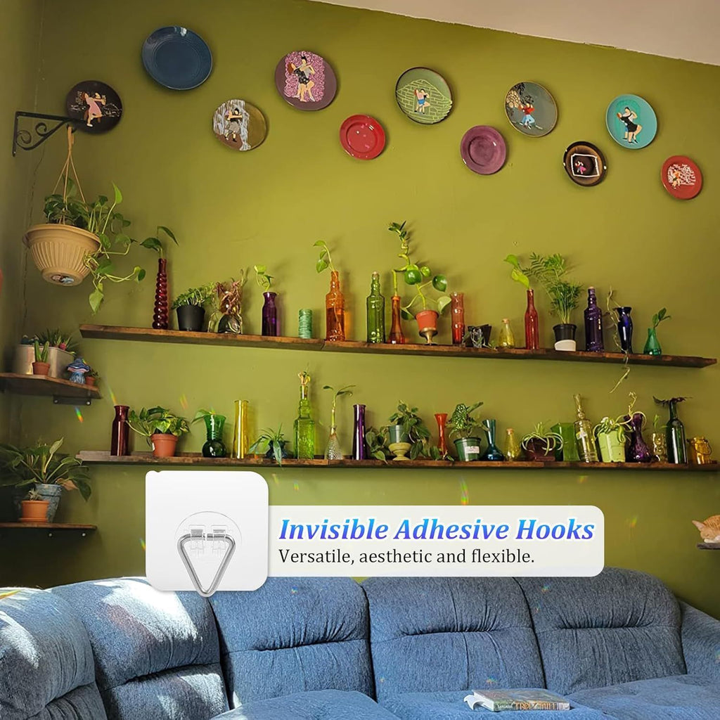 20-Pack Invisible Adhesive Plate Hangers for Wall Decor, Heavy Duty Triangle Hooks for Plates, Frames & Art (Transparent)