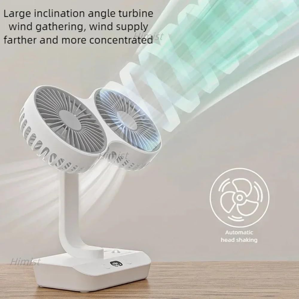 Dual-Head Auto-Oscillating Desktop Fan for Office & Bedroom, USB Rechargeable Portable Cooling with LED Display (White)