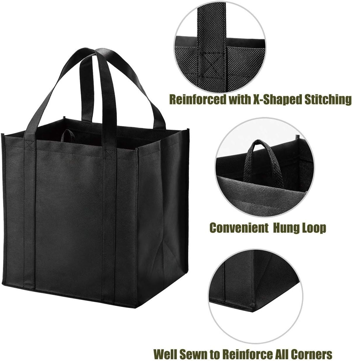 10 Pack Heavy Duty Reusable Grocery Bags with Reinforced Bottom, Large Capacity Shopping Totes for Supermarket & Storage (Black)