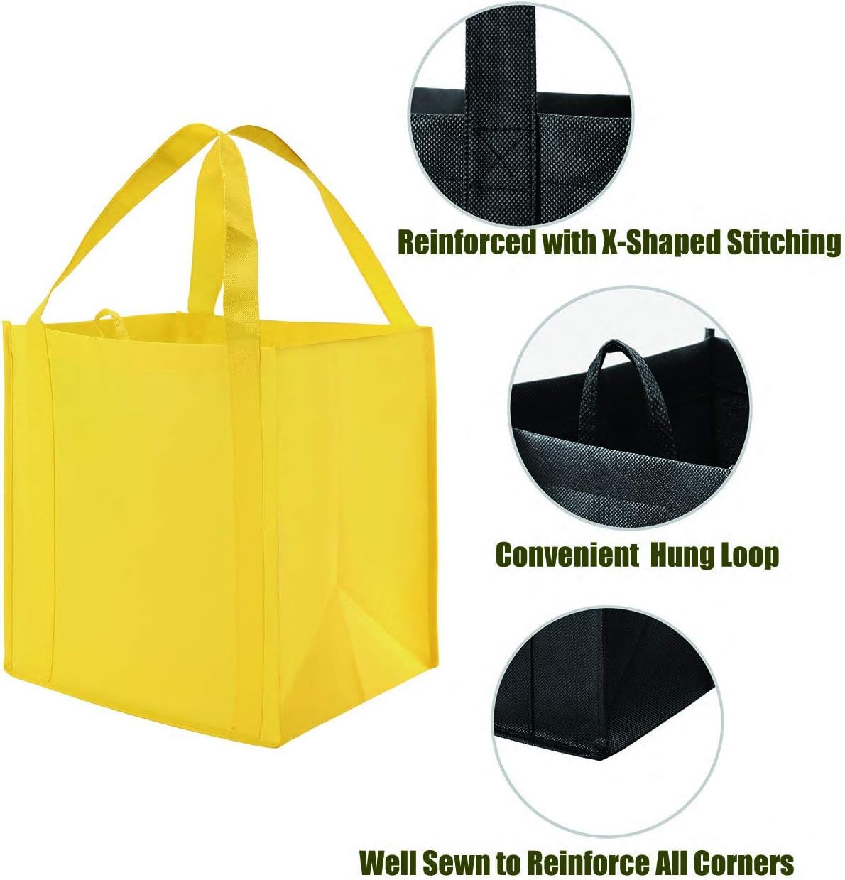 10 Pack Heavy Duty Reusable Grocery Bags with Reinforced Bottom, Large Capacity Shopping Totes for Supermarket & Storage (Yellow)