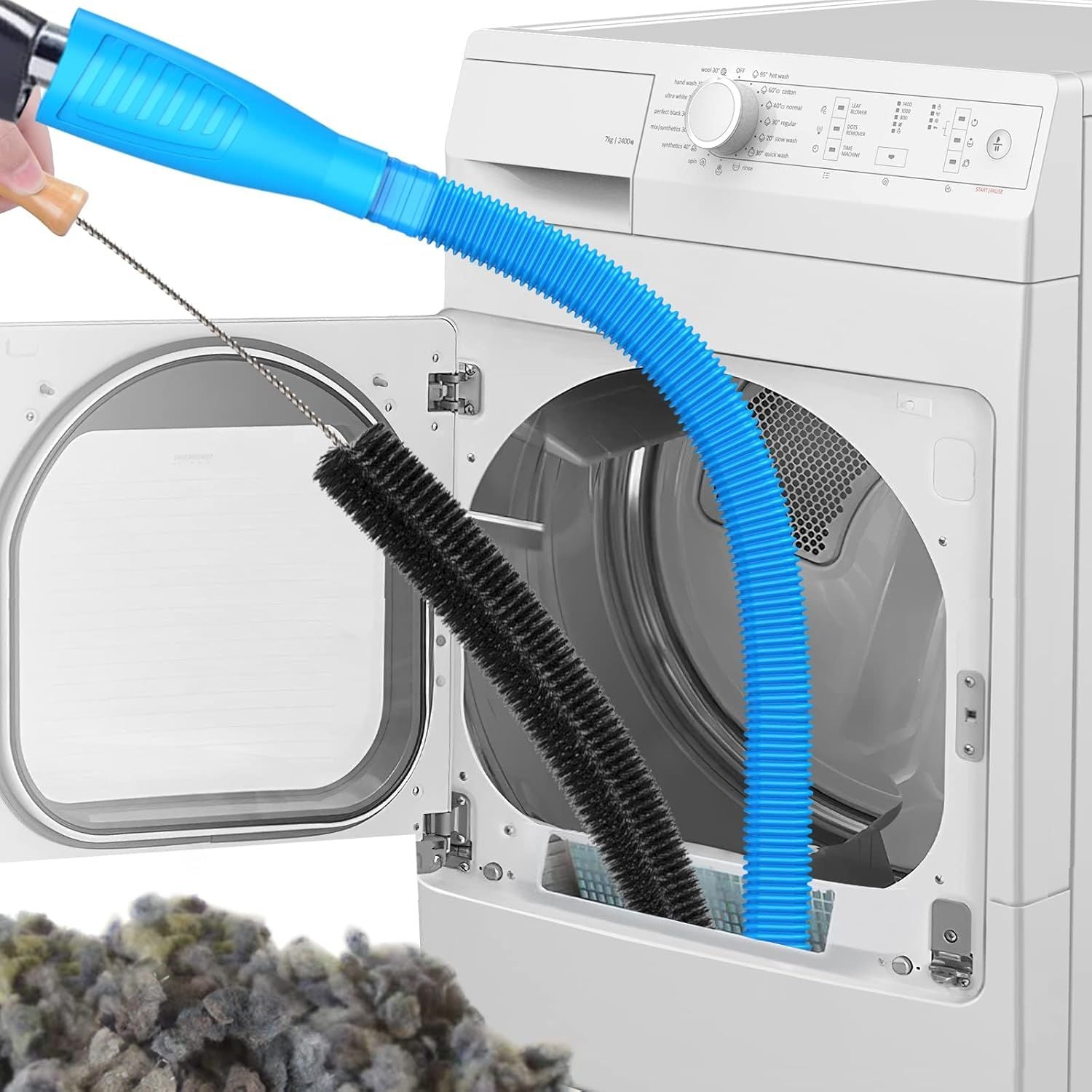Dryer Vent Cleaner Kit with Flexible Lint Brush & Vacuum Hose Attachment for Deep Cleaning, Fire Prevention (Blue)