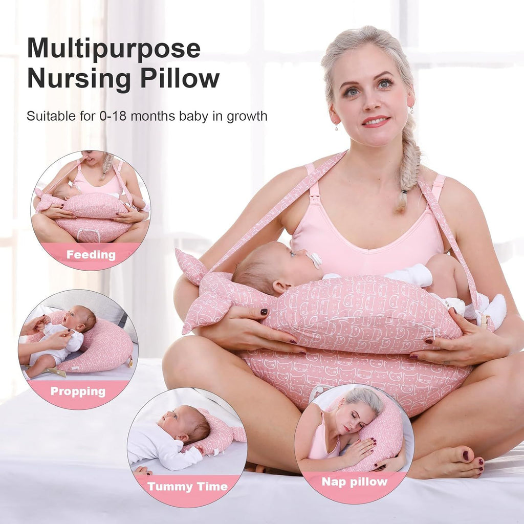 Multipurpose Nursing Pillow with Adjustable Waist Strap & Removable Cover for Feeding, Tummy Time & Nap Support (Grey)