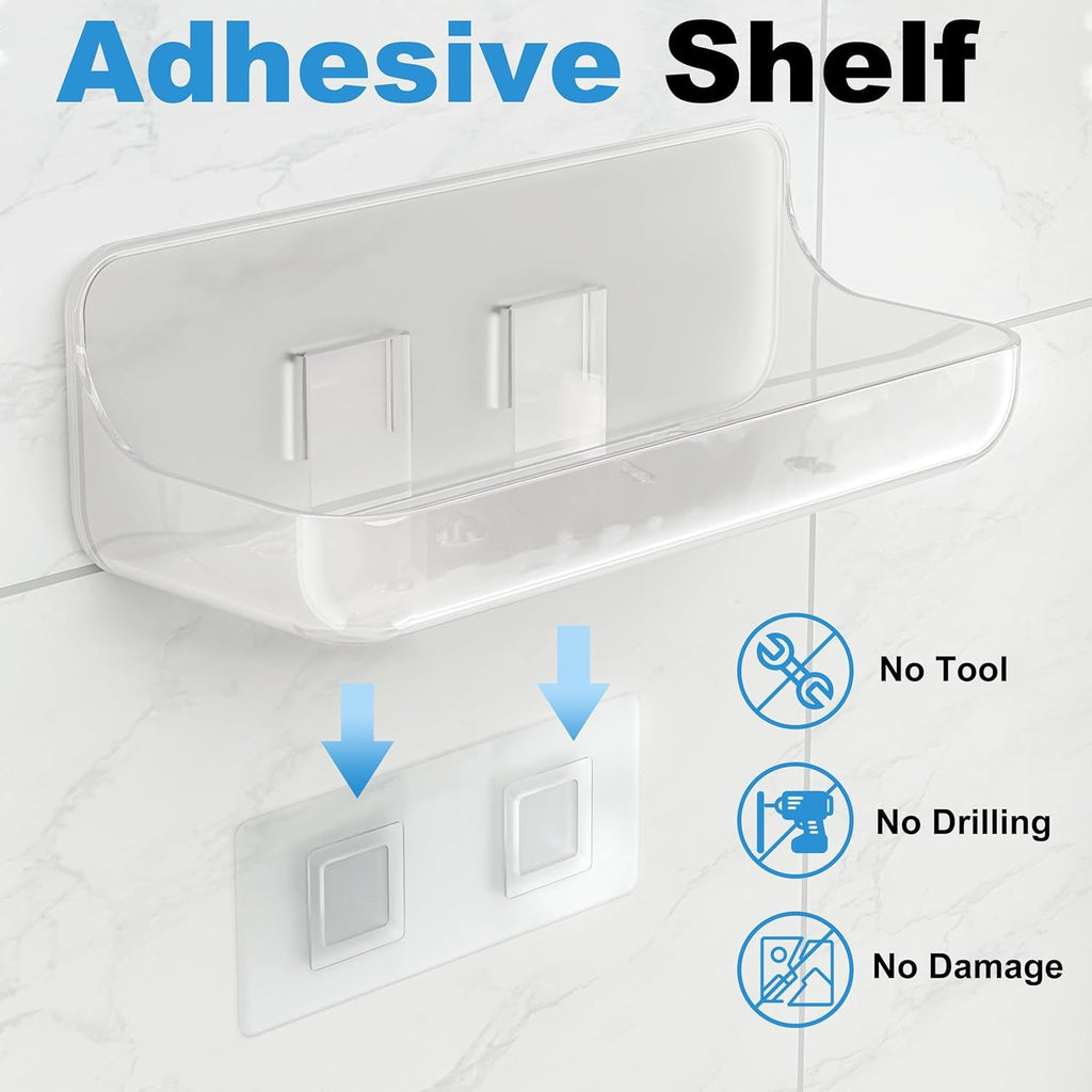 4-Pack Acrylic Adhesive Wall Shelf for Bathroom, Kitchen & Vanity Storage – No Drill, Waterproof with Drainage Holes (Clear)