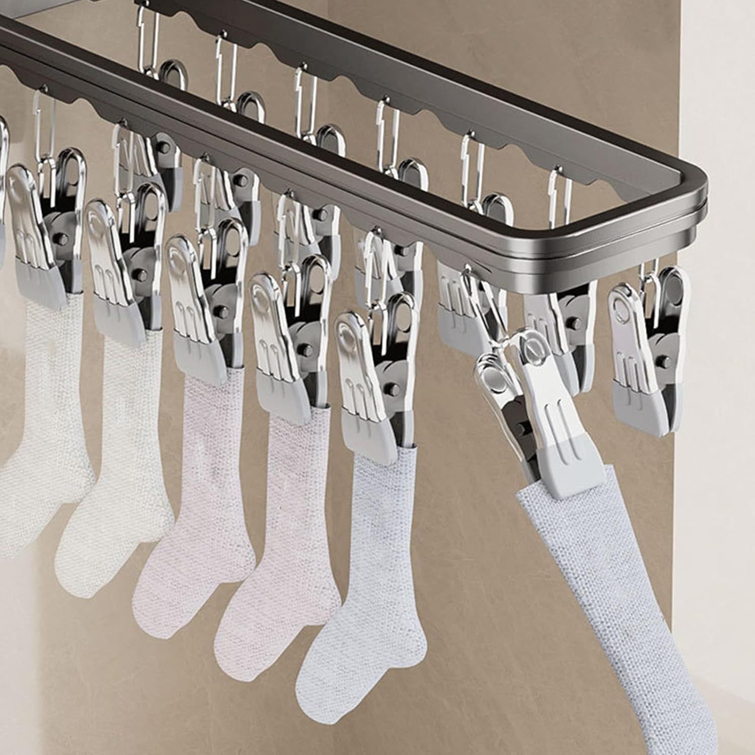 Wall-Mounted Foldable Sock Drying Rack with Multiple Clips for Balcony & Bathroom, Space-Saving Laundry Organizer (Gray)