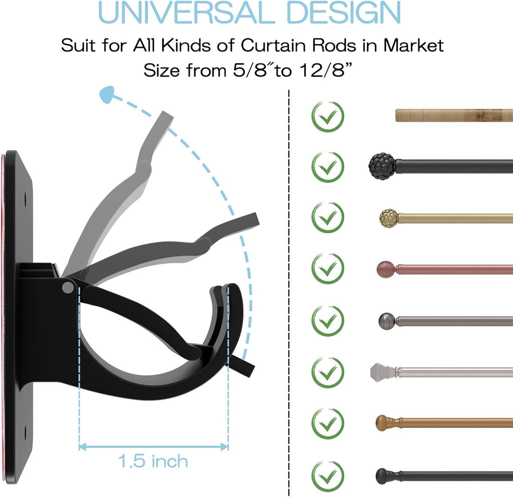 4-Pack No-Drill Self-Adhesive Curtain Rod Brackets for Smooth Walls, Universal Fit for Bathroom & Bedroom (Black)
