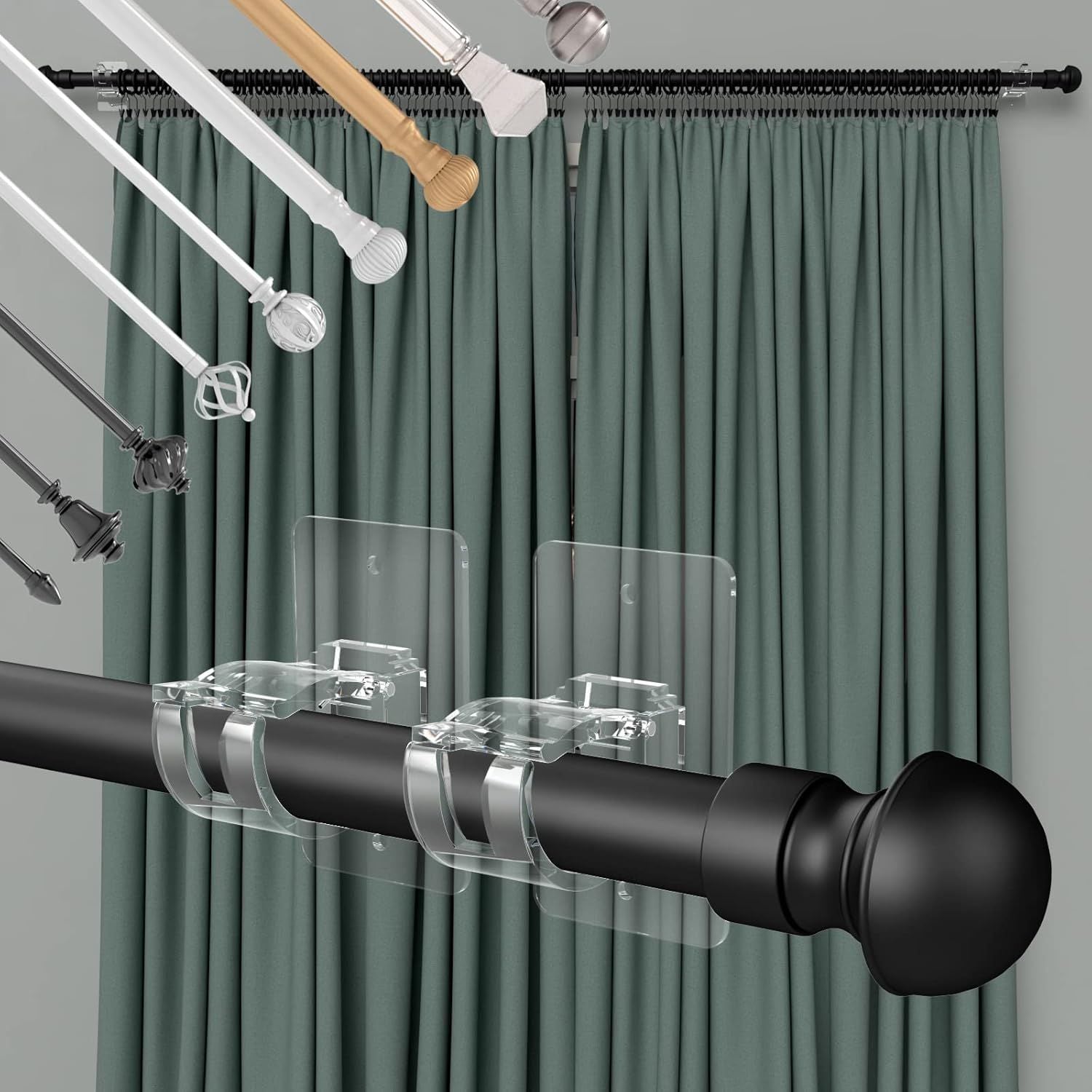 4-Pack No-Drill Self-Adhesive Curtain Rod Brackets for Smooth Walls, Universal Fit for Bathroom & Bedroom (Transparent)