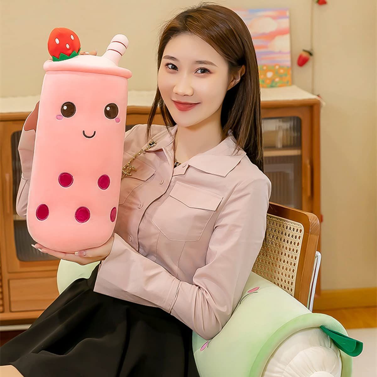 Bubble Tea Plush Pillow Soft Plush Toy Skin-Friendly Pillow Multiple Sizes Cute - Green - Size 36in