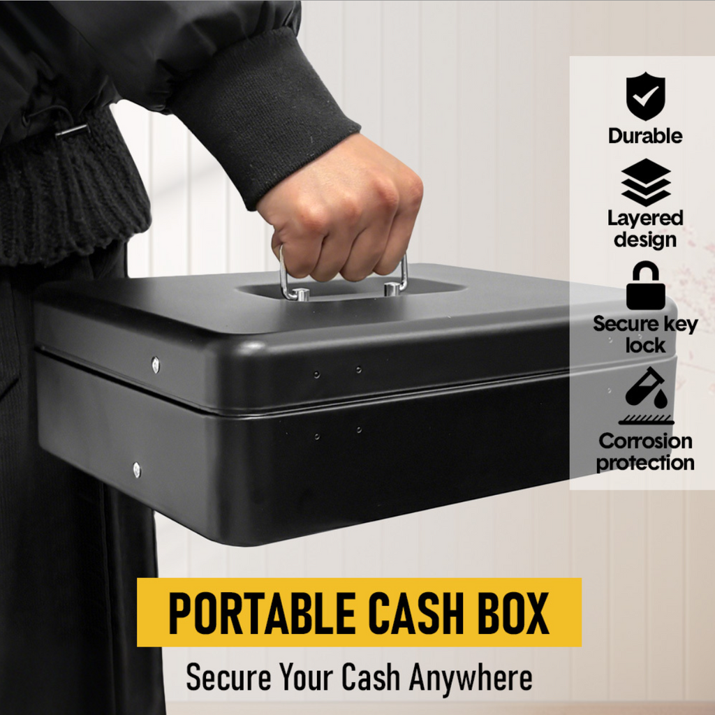 Cash Box With Security Locker And Security Cable, Money Box/Cash Tin With Money Tray For Saving Organizer-Black