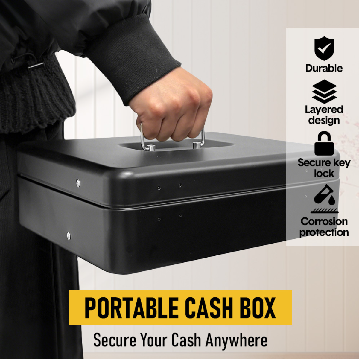 Cash Box With Security Locker And Security Cable, Money Box/Cash Tin With Money Tray For Saving Organizer-Grey