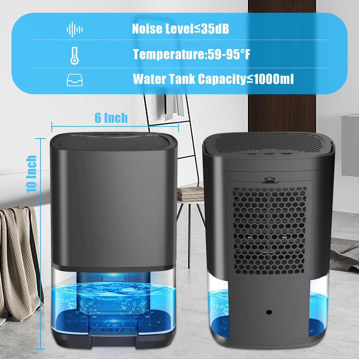 Smart Dehumidifier 1L Ultra Quiet 2-in-1 Bedroom Bathroom Basement Black