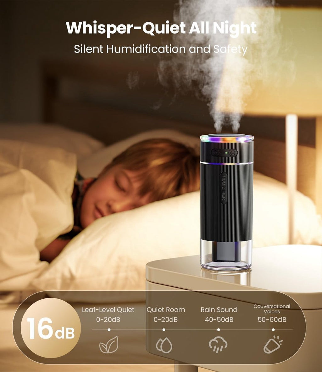 Humidifiers - Air humidifier - Bedroom humidifier - Mini desktop humidifier for travel, office, or children's room - Black