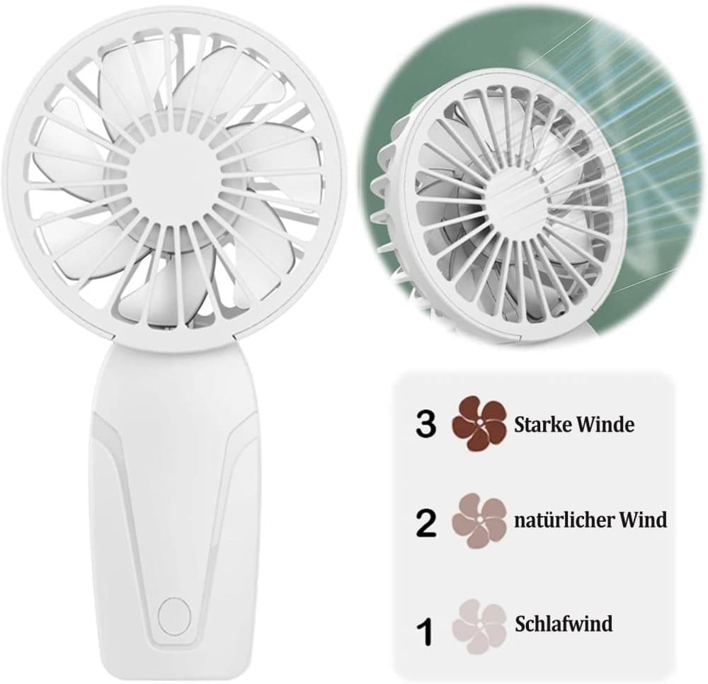 Portable Mini Hand Fan USB Rechargeable with 3 Speeds, Quiet Handheld Fan, White