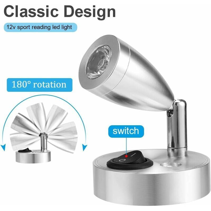 2x 12V LED Spot Reading Lights 3W 3000K Adjustable with Switch Silver