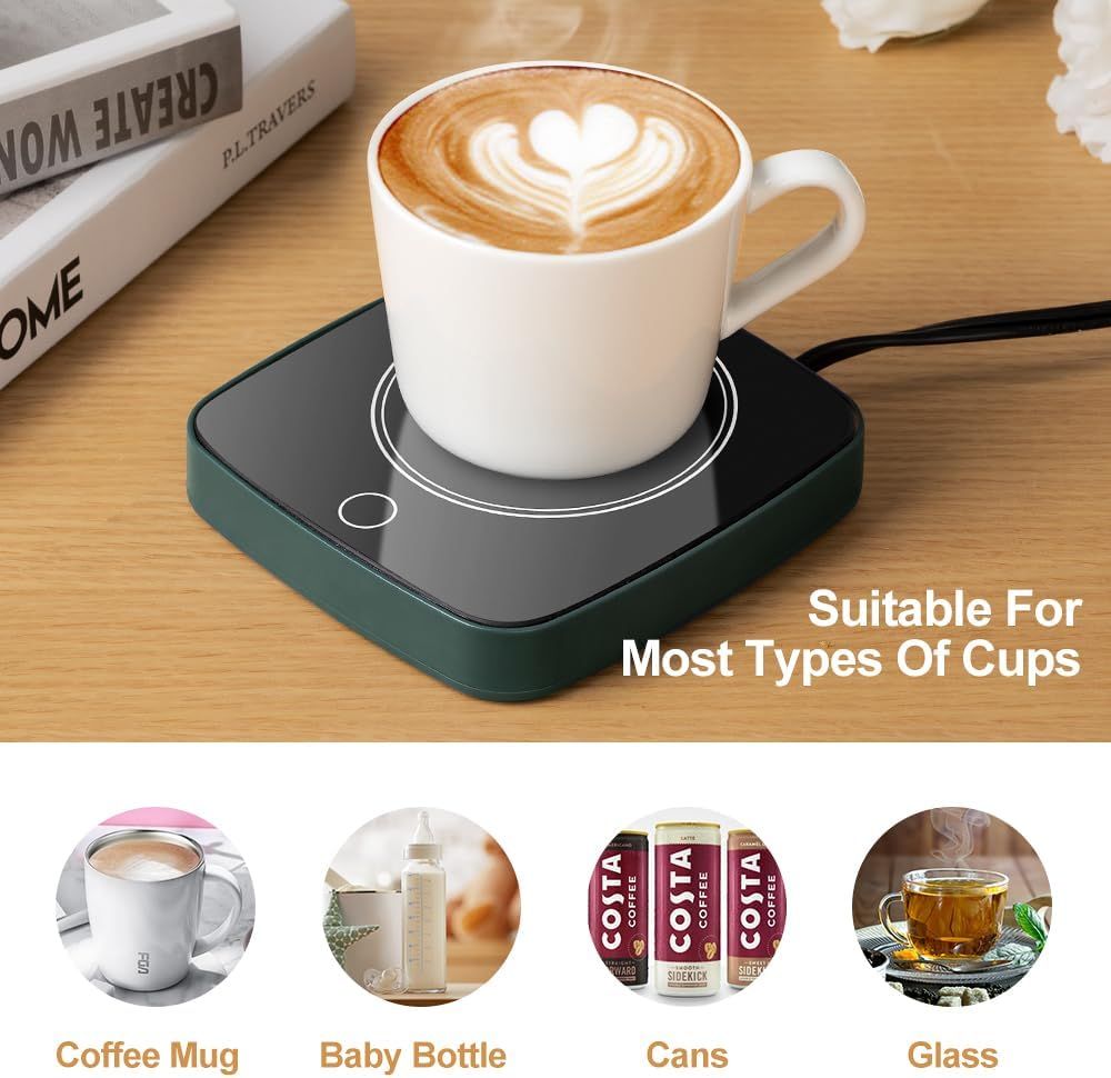 16W Desktop Coffee Mug Warmer, 3 Adjustable Temperature Levels, 12-Hour Auto Shut-Off, Waterproof Reinforced Tempered Glass Plate, Honeycomb Heat Dissipation, Electric Cup Heater for Home or Office, Green