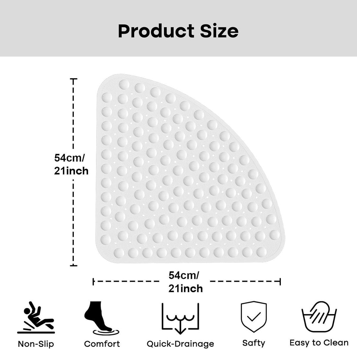 Corner Shower Mat Non Slip with Suction Cups White, 54 x 54 cm