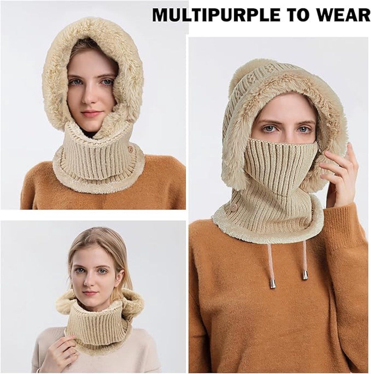 1 Piece Knitted Hat and Neck Warmer Set Fleece Lined Dusty Pink