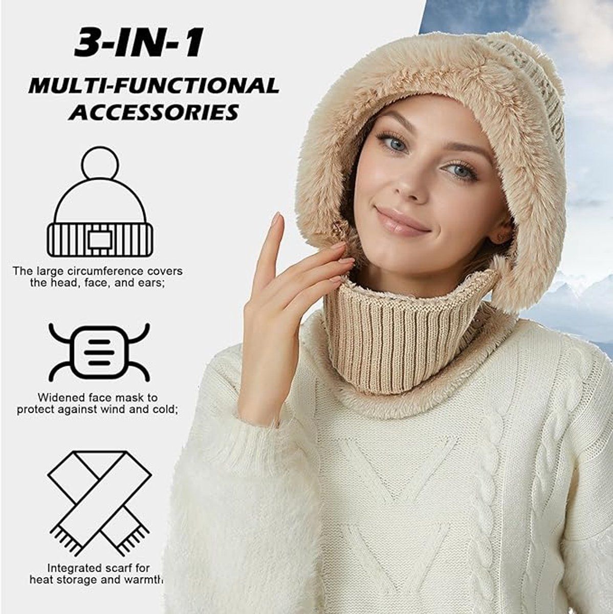 1 Piece Knitted Hat and Neck Warmer Set Fleece Lined Dusty Pink