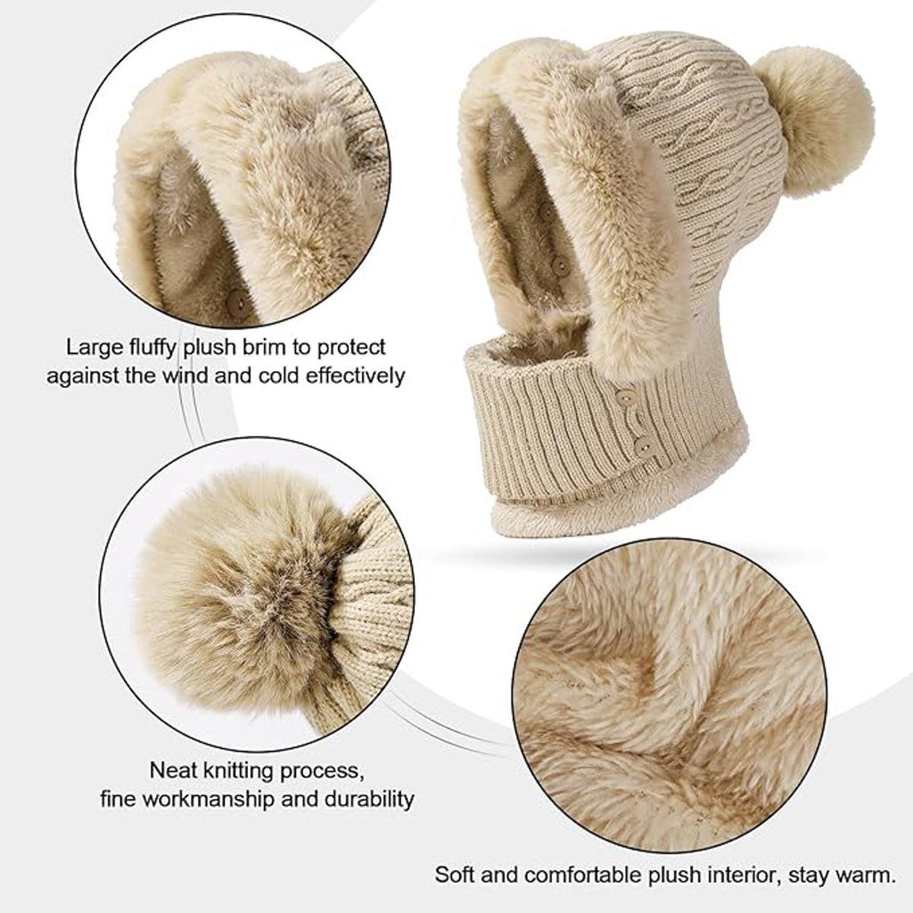 1 Piece Knitted Hat and Neck Warmer Set Fleece Lined Dusty Pink