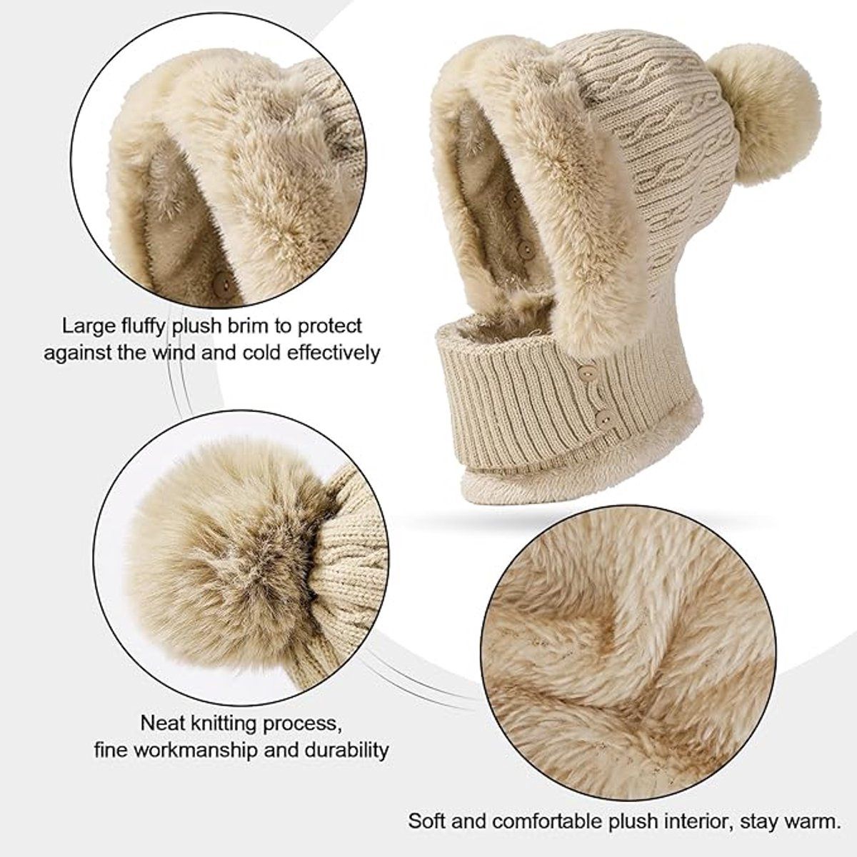 1 Piece Knitted Hat and Neck Warmer Set Fleece Lined Dusty Pink