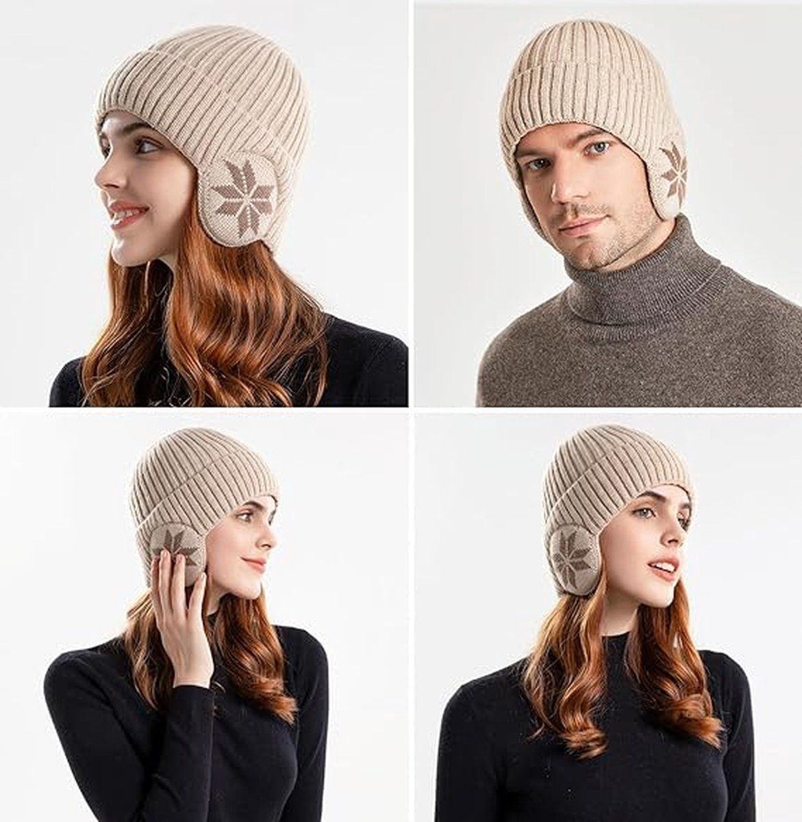 Winter Earmuff Hat Plush Knitted Fleece Lined Beige