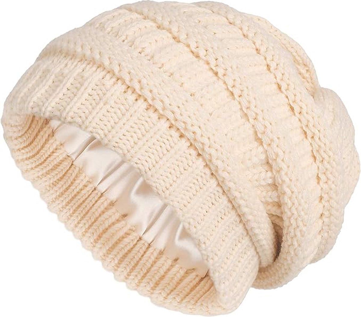Womens Slouchy Ski Hat Warm with Satin Lining Beige, 52-60 cm