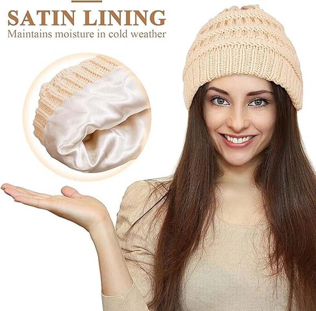 Womens Slouchy Ski Hat Warm with Satin Lining Beige, 52-60 cm